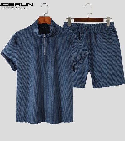 Beehoo INCERUN男式短袖拉链套装短裤适合睡衣内衣(西式) Beehoo INCERUN男式短袖拉链套装短裤适合睡衣内衣(西式)