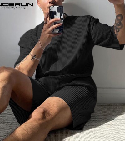 INCERUN男式短裤运动套装短袖T恤和短裤Loungwear健身房运动套装套装(西式) INCERUN男式短裤运动套装短袖T恤和短裤Loungwear健身房运动套装套装(西式)